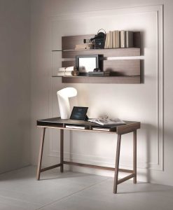 Writing desk with solid walnut-stained ash structure and mocha-colored glass top