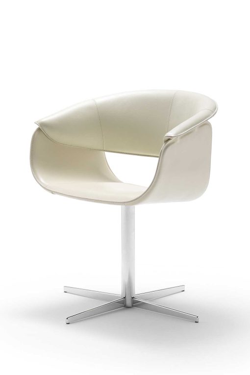 Luxurious swivel leather armchair designed by Noé Duchaufour Lawrance. Ivory colour and shiny chrome cross-shaped base (customizable). Worldwide delivery.