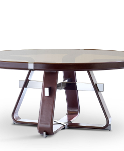 Table ronde avec top en verre bronzé et base recouverte de cuir marron. Vente en ligne, livraison à domicile gratuite.