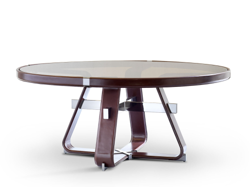 Round table with bronzed glass top and base covered in brown leather. Online sales, free home delivery.