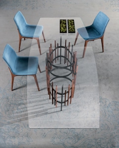 Table Bambou avec plateau en verre transparent et piètement sculptural