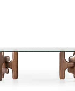 FACE dining table with Canaletto walnut base and transparent glass top