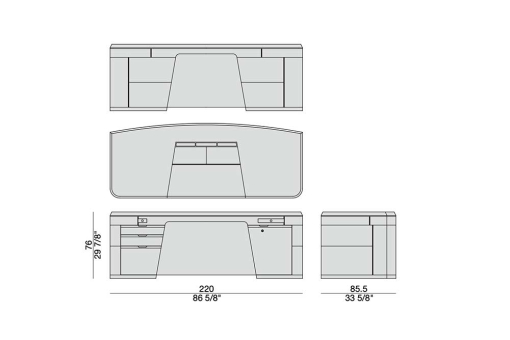 Bureau de direction Flavio en noyer Canaletta et cuir - dimensions