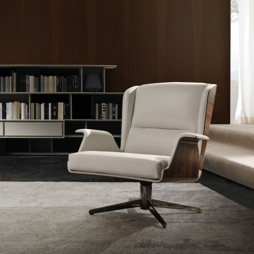 Fauteuil lounge Garbo en cuir blanc et palissandre