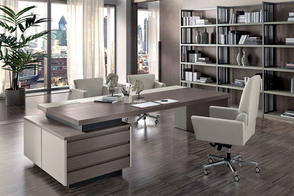 Kefa executive desk in oak and beige leather | Online shopping