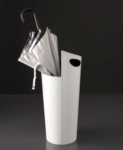 Black iron umbrella stand covered with regenerated leather. Furniture accessory in white, black or red colour. Online shopping and home delivery.