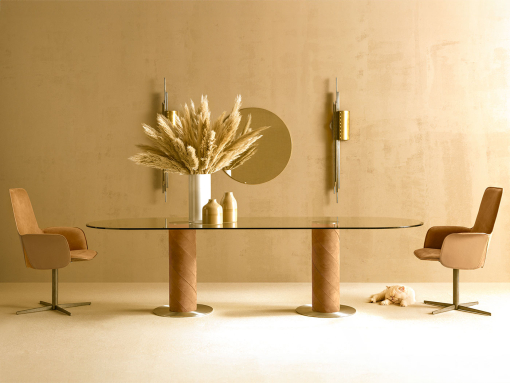 Shop Online for high-quality made in Italy tables. Glass and leather. 2 bases. Free home delivery.