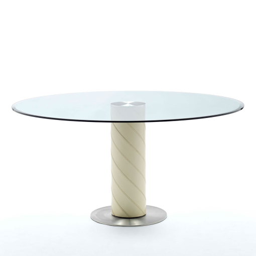 Glass round table with leather and steel base. Design G. Vegni. Made in Italy. Free home delivery.