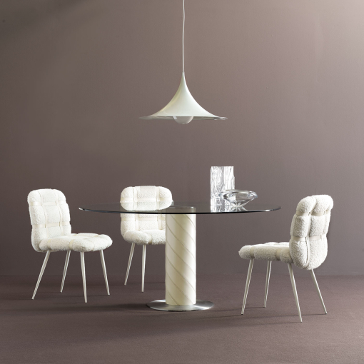 Glass round table with leather and steel base. Design G. Vegni. Made in Italy. Free home delivery.