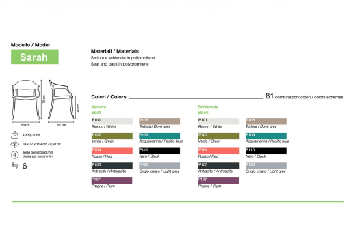 Sarah stackable indoor and outdoor armchair - technical scheme and available finishes