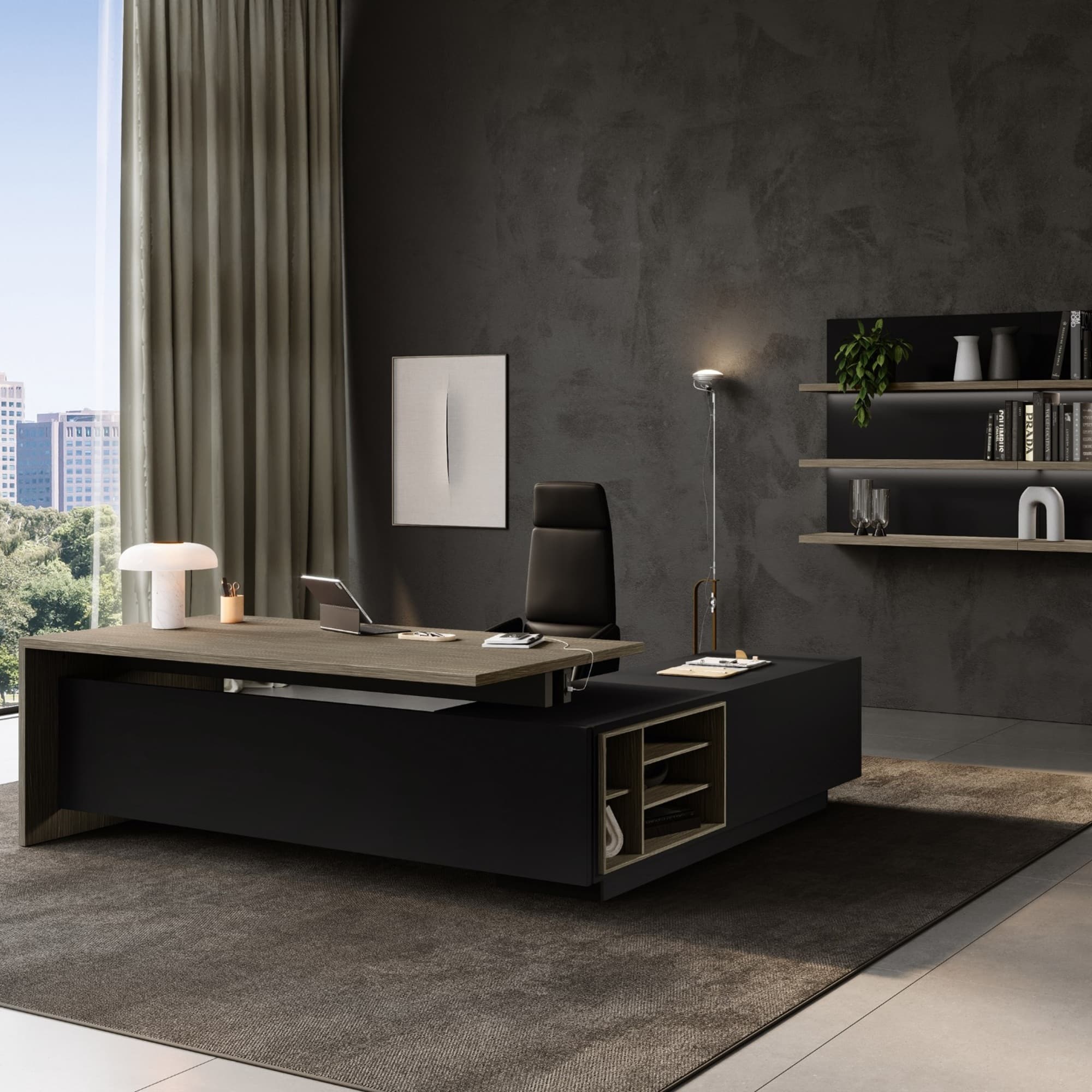 Elite desk in Pioppo Light with a black storage return and open compartments.