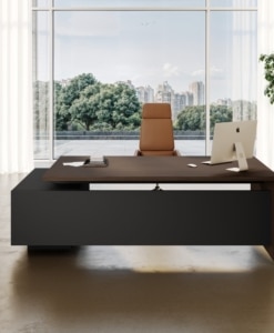 Front view of the Elite desk with a Pioppo Moro desktop and black modesty panel.