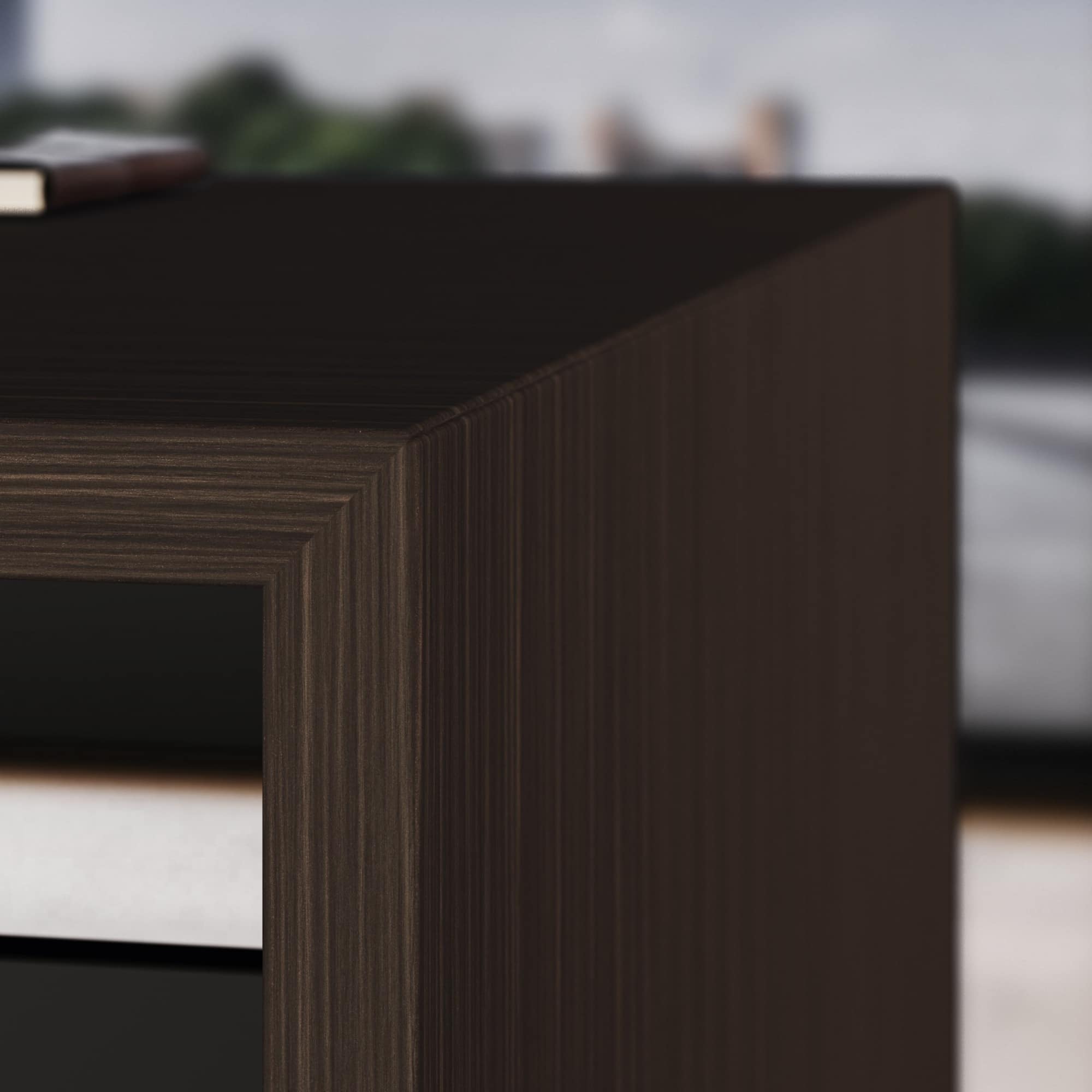45-degree mitred joint between the desktop and side panel of the Elite desk.
