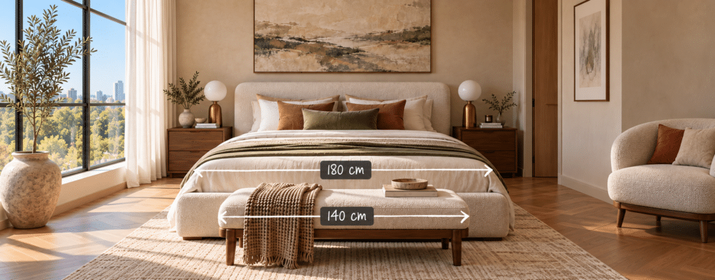 Camera da letto con frecce e misure annotate sulla fotografia