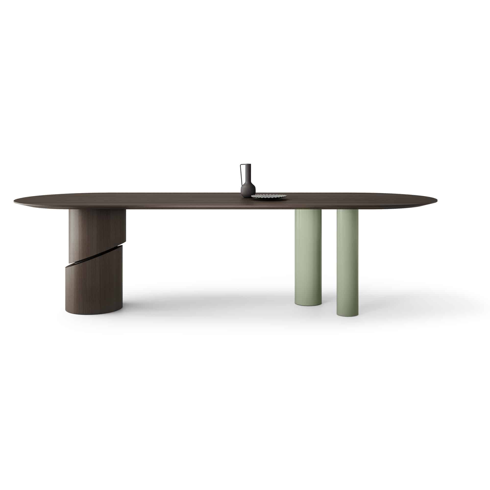 Table Ishikawa avec plateau et pied principal Tabacco et deux petits pieds Salvia brillant, sur fond blanc