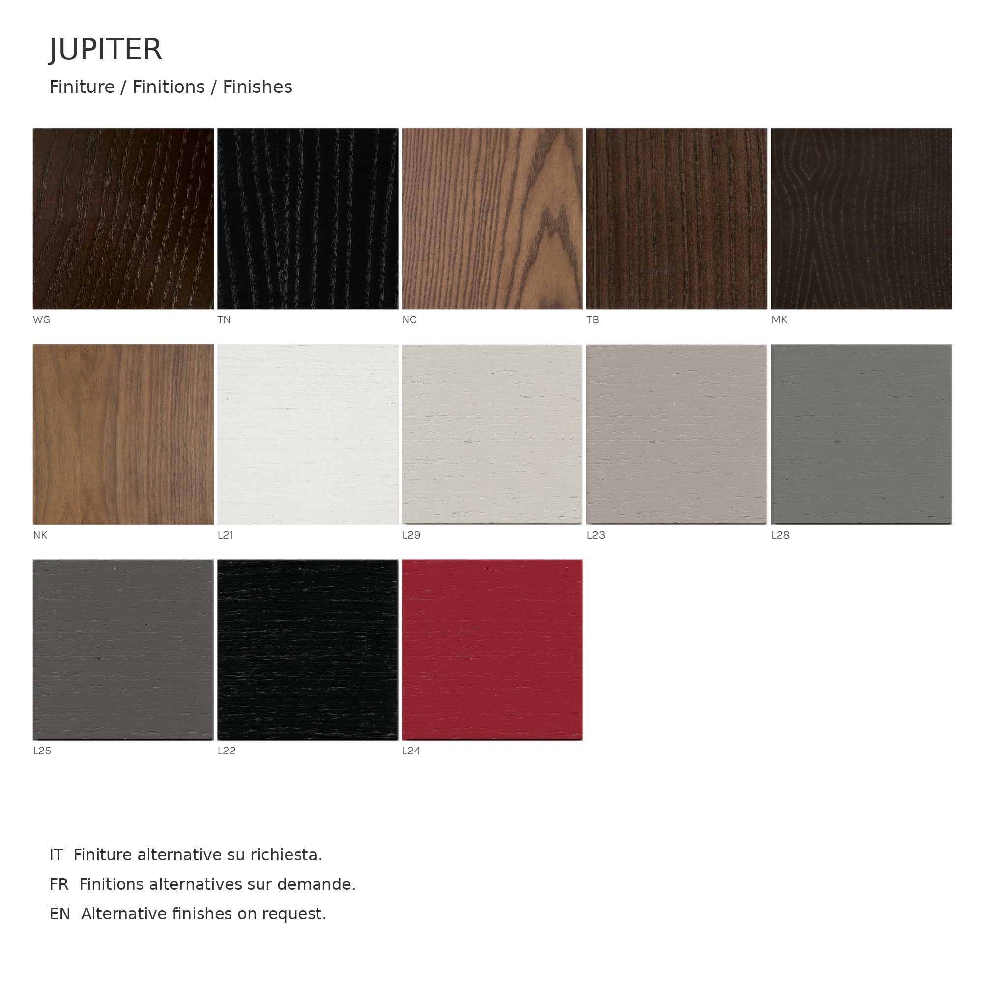 Jupiter finish chart showing thirteen wood and lacquered finish samples, each identified by its code