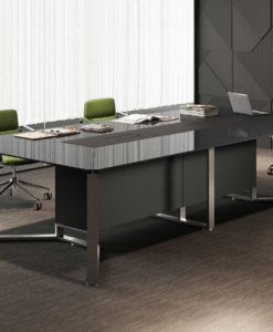 MEET black glass conference table with integrated top access and chrome metal structure