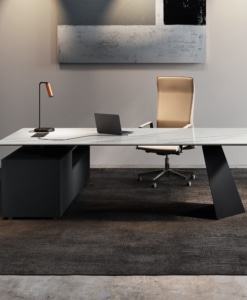 Front view of the MONOLITH Calacatta Bianco desk with black V-shaped metal legs and black side storage.