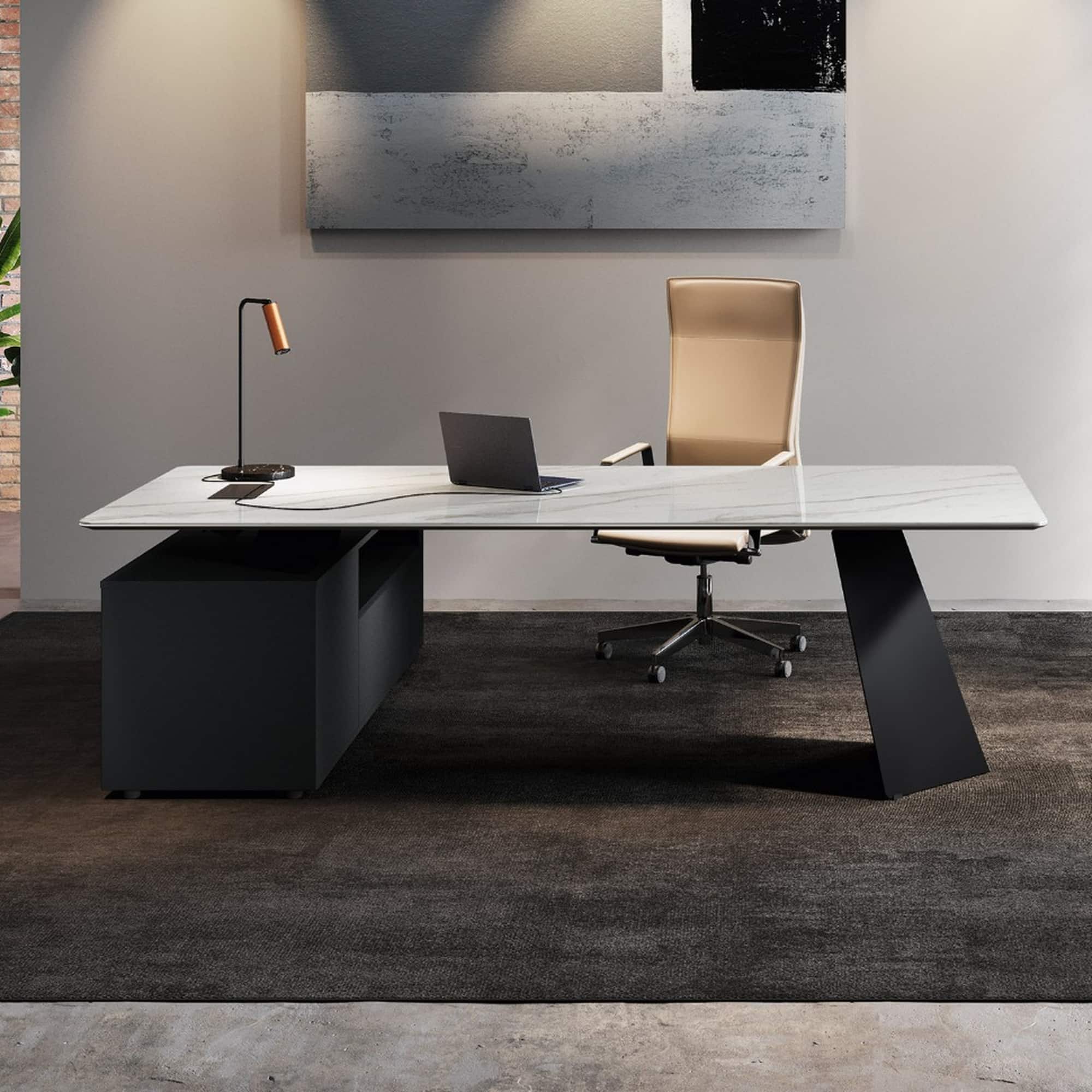 Front view of the MONOLITH Calacatta Bianco desk with black V-shaped metal legs and black side storage.