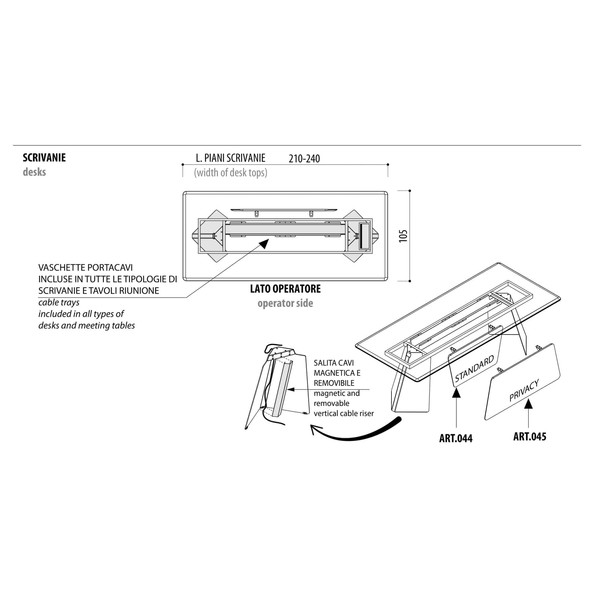 MONOLITH desk drawing with dimensions, cable tray, vertical cable routing and standard and Privacy modesty panels.
