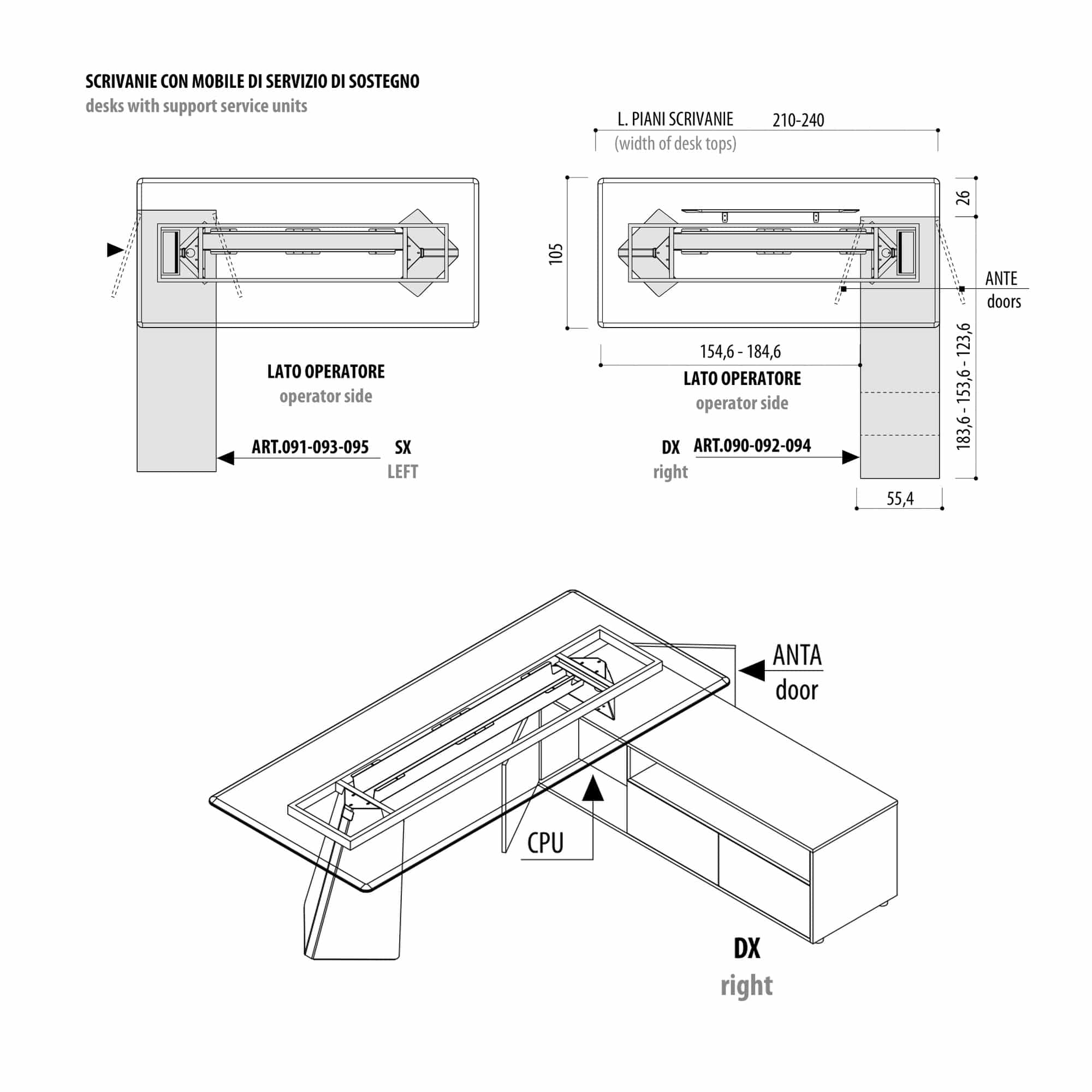 MONOLITH drawing showing right- and left-hand supporting storage, dimensions and a perspective view.