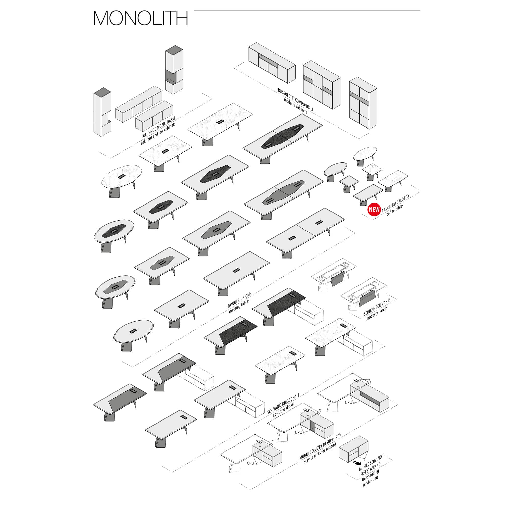MONOLITH collection with desks, meeting tables, cabinets, side storage units and coffee tables.