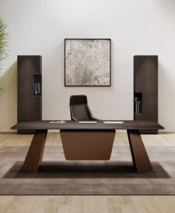 Front view of the MONOLITH Wengé desk with V-shaped legs and a Ruggine modesty panel.