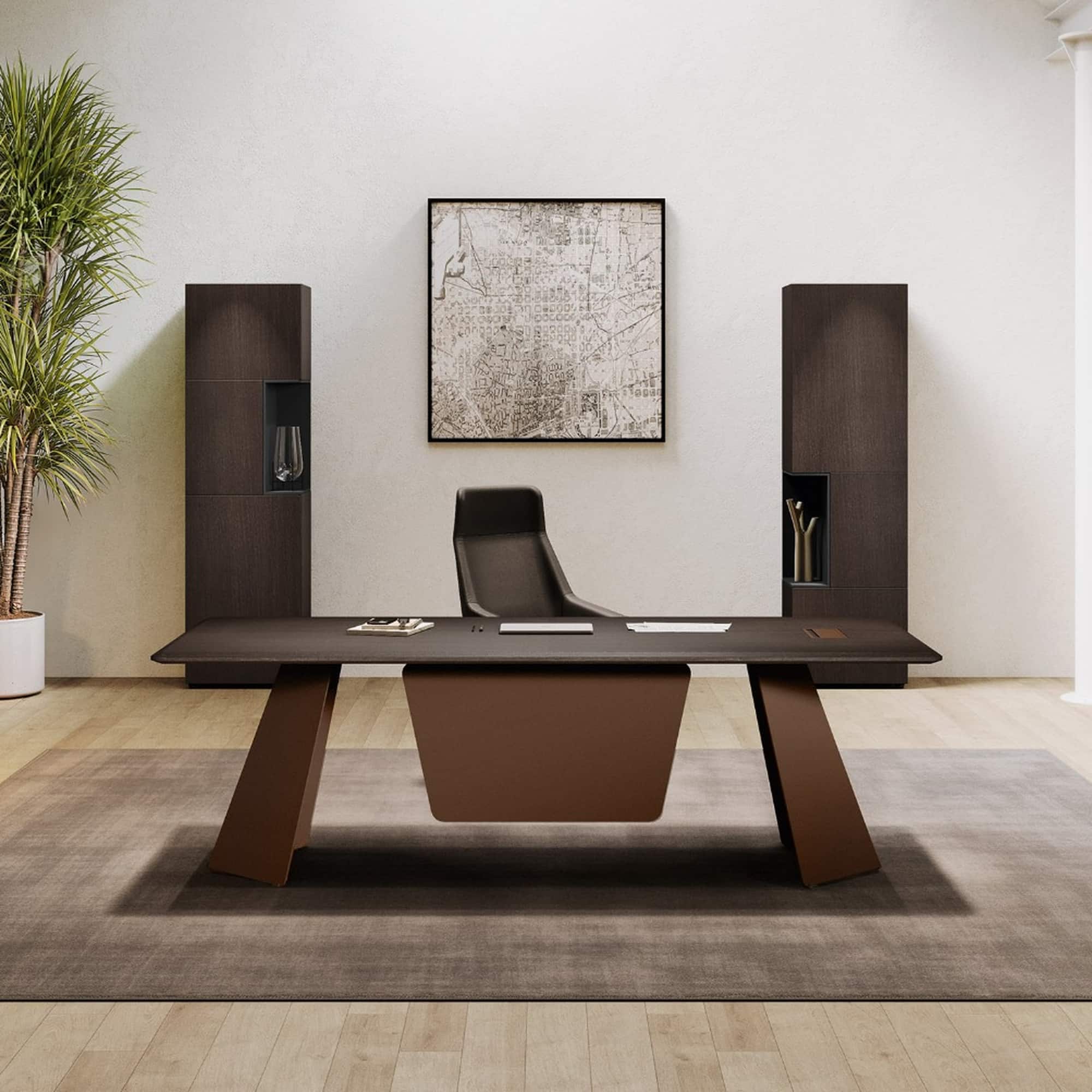Front view of the MONOLITH Wengé desk with V-shaped legs and a Ruggine modesty panel.