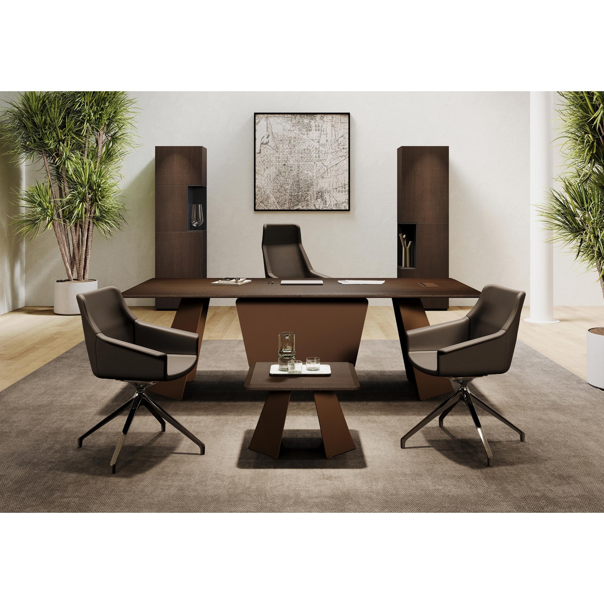 Office with a MONOLITH Wengé and Ruggine desk, two visitor armchairs, a coffee table and tall storage units.