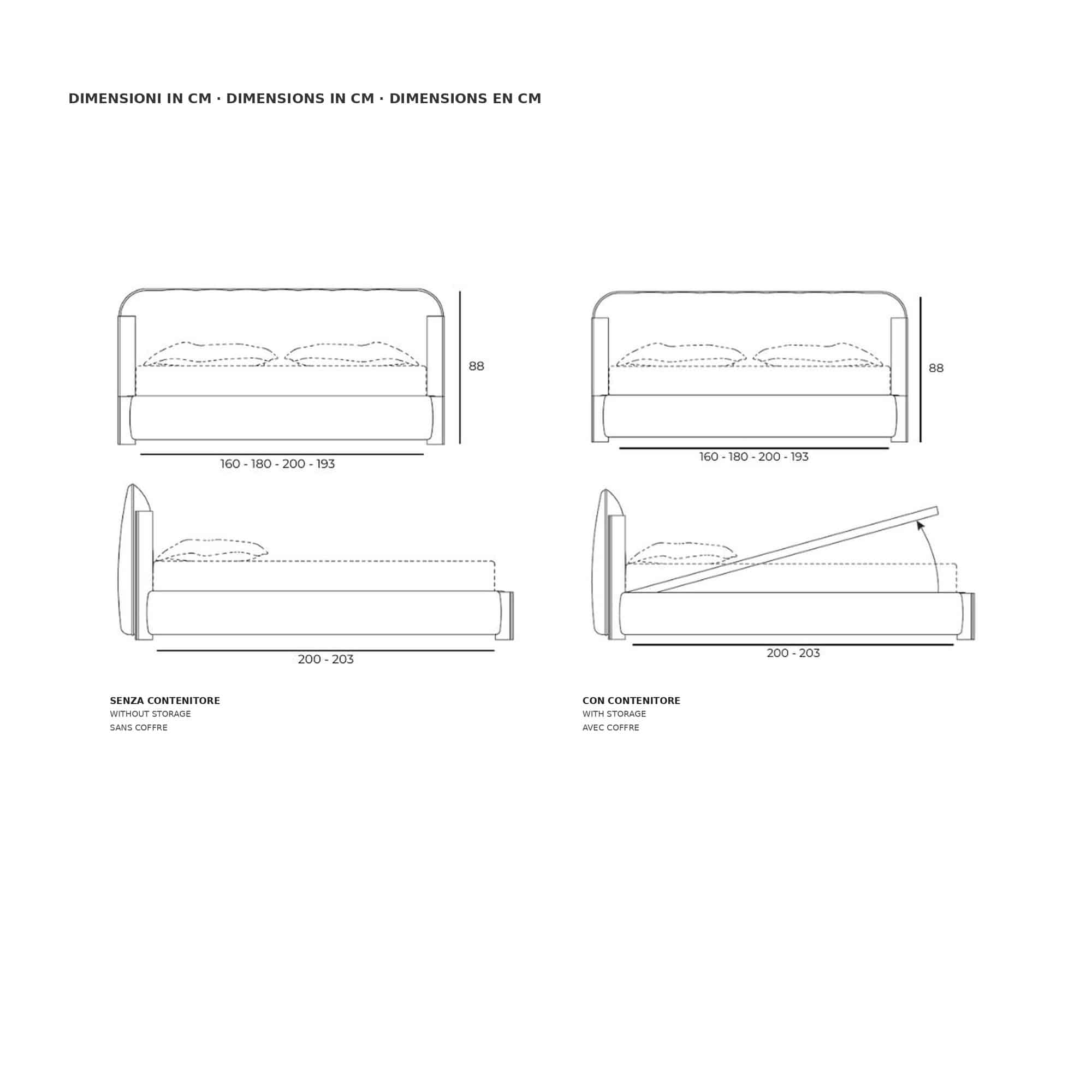 Dimensions drawing of the Nuage bed with and without storage