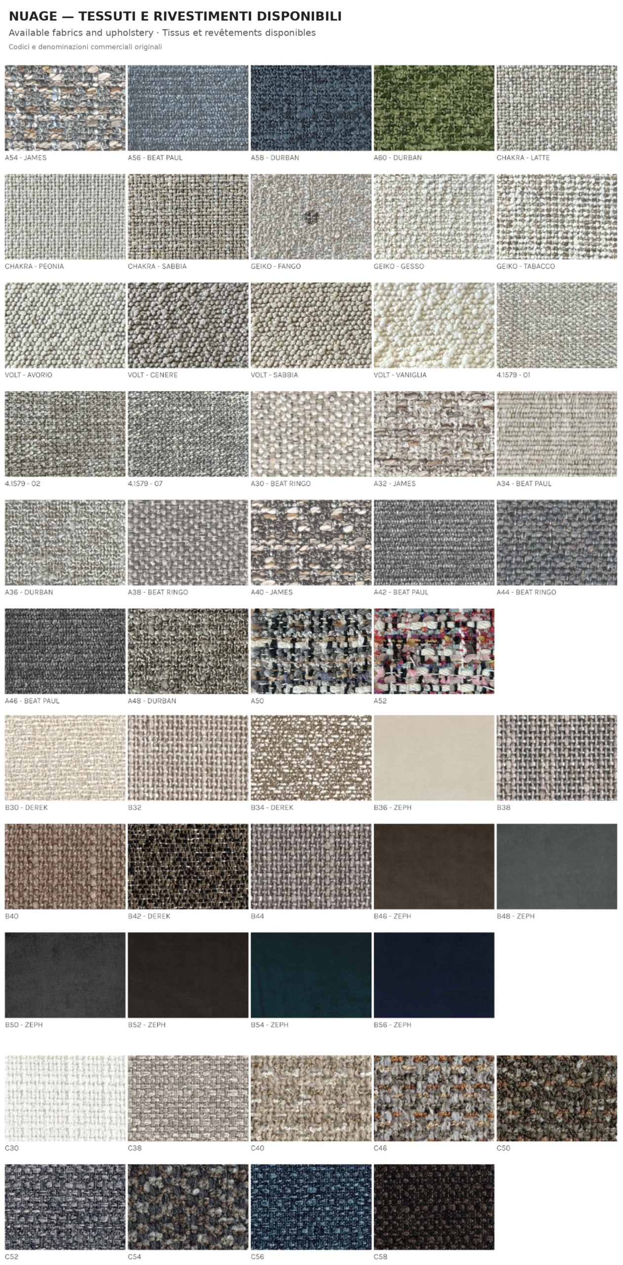 Fabrics and colours available for upholstering the Nuage bed