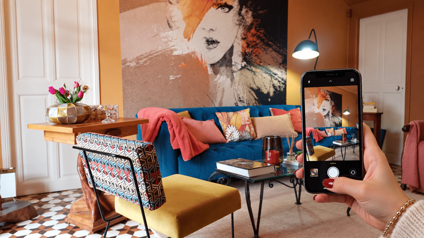 A smartphone can become a useful observation tool for assessing a space before purchasing furniture.